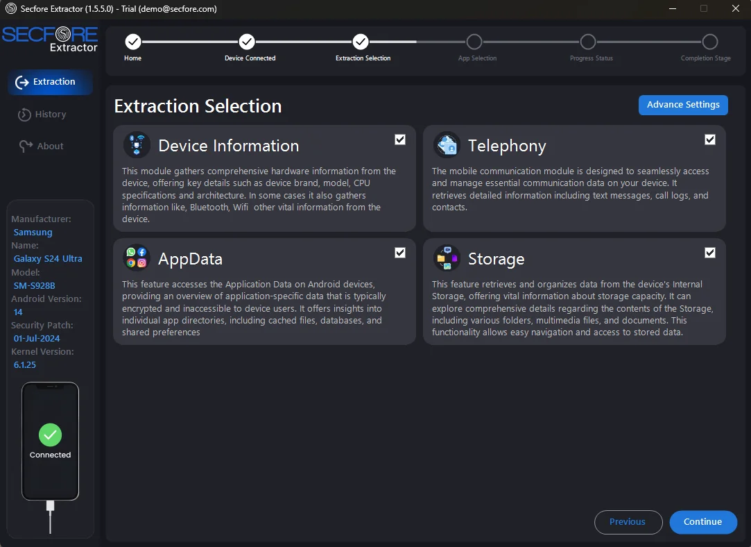 Secfore Extraction Selection Interface